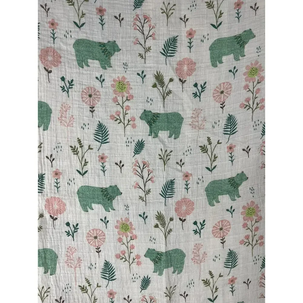 Green Bear Pink Flowers Muslin Swaddle Baby Blanket